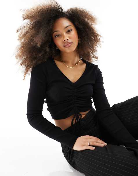 JJXX ruched long sleeve ribbed top in black - view 1