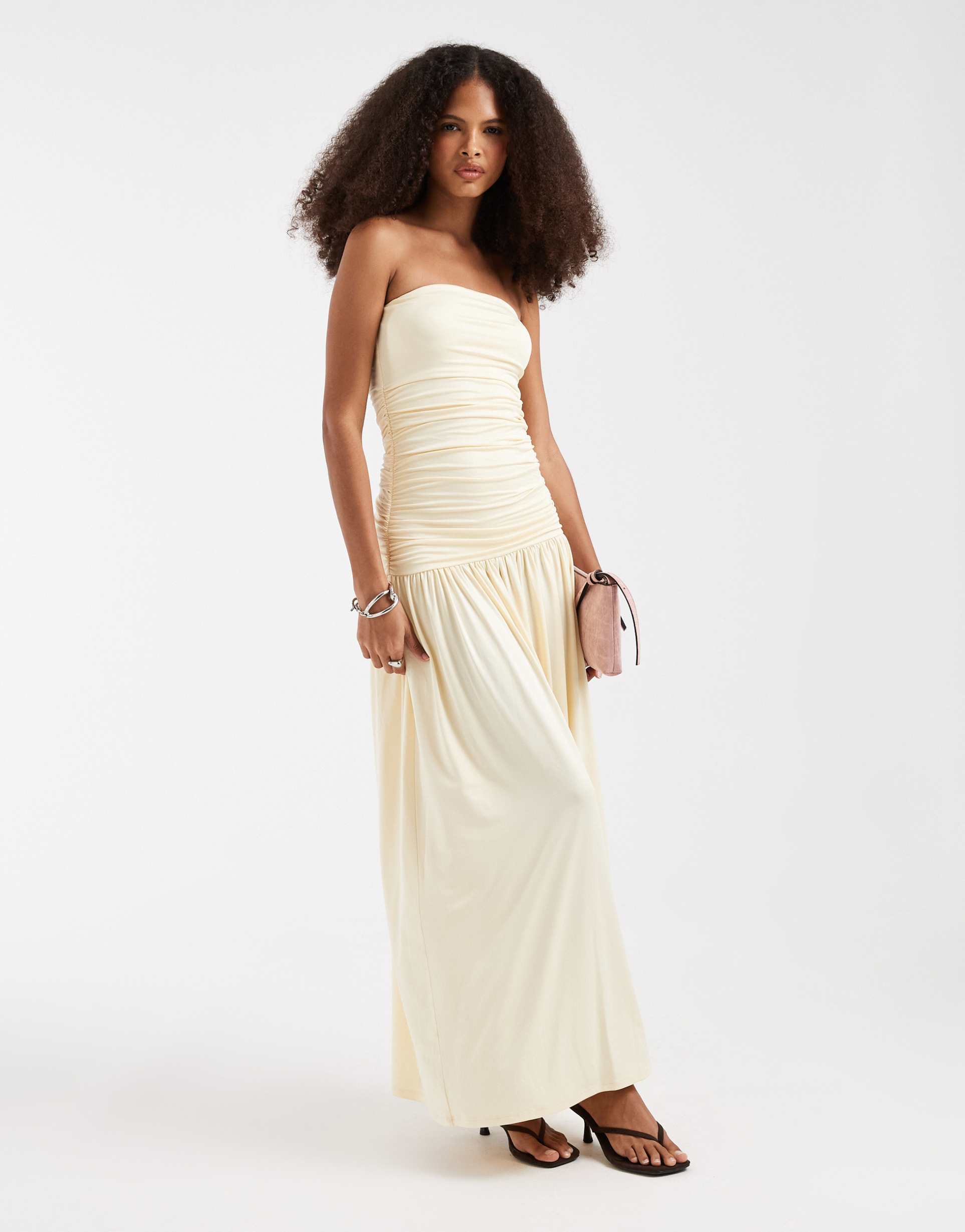 jjxx ruched strapless maxi dress in butter yellow