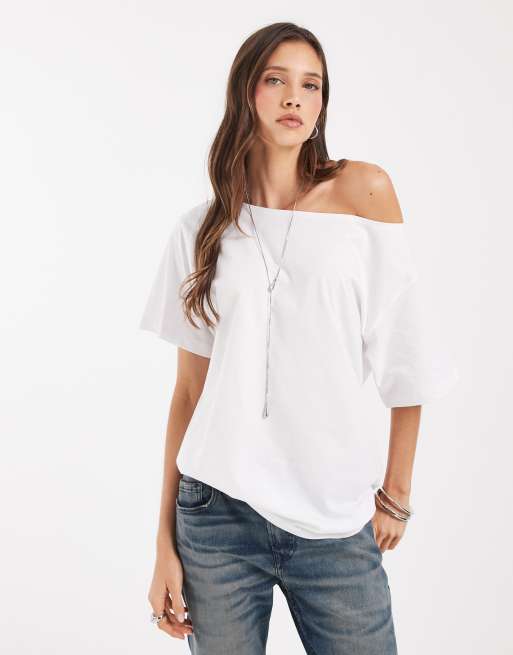 JJXX - Ruimvallend T-shirt met blote schouder in wit, 2 van 4