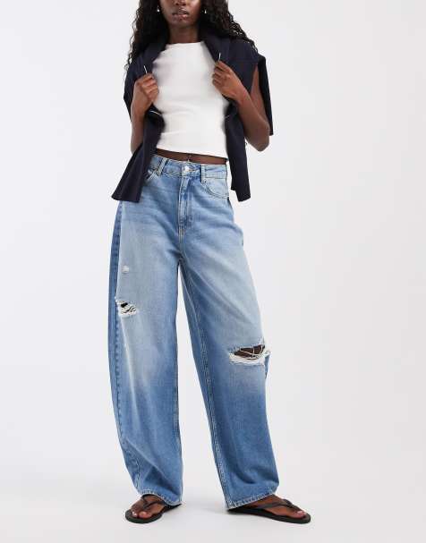 JJXX Sacai baggy barrel jeans with rips in mid wash - view 1