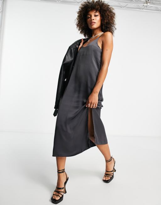 JJXX satin midi cami slip dress in charcoal grey