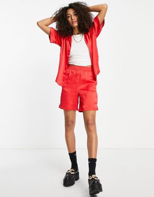 JJXX satin shorts co-ord in bright red-Pink