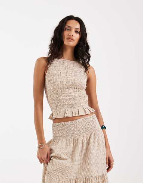 JJXX seersucker check top in beige - view 1