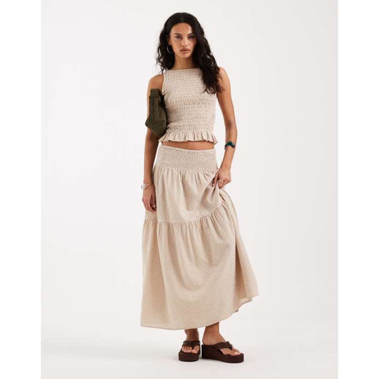 JJXX seersucker gingham maxi skirt in beige and white | ASOS