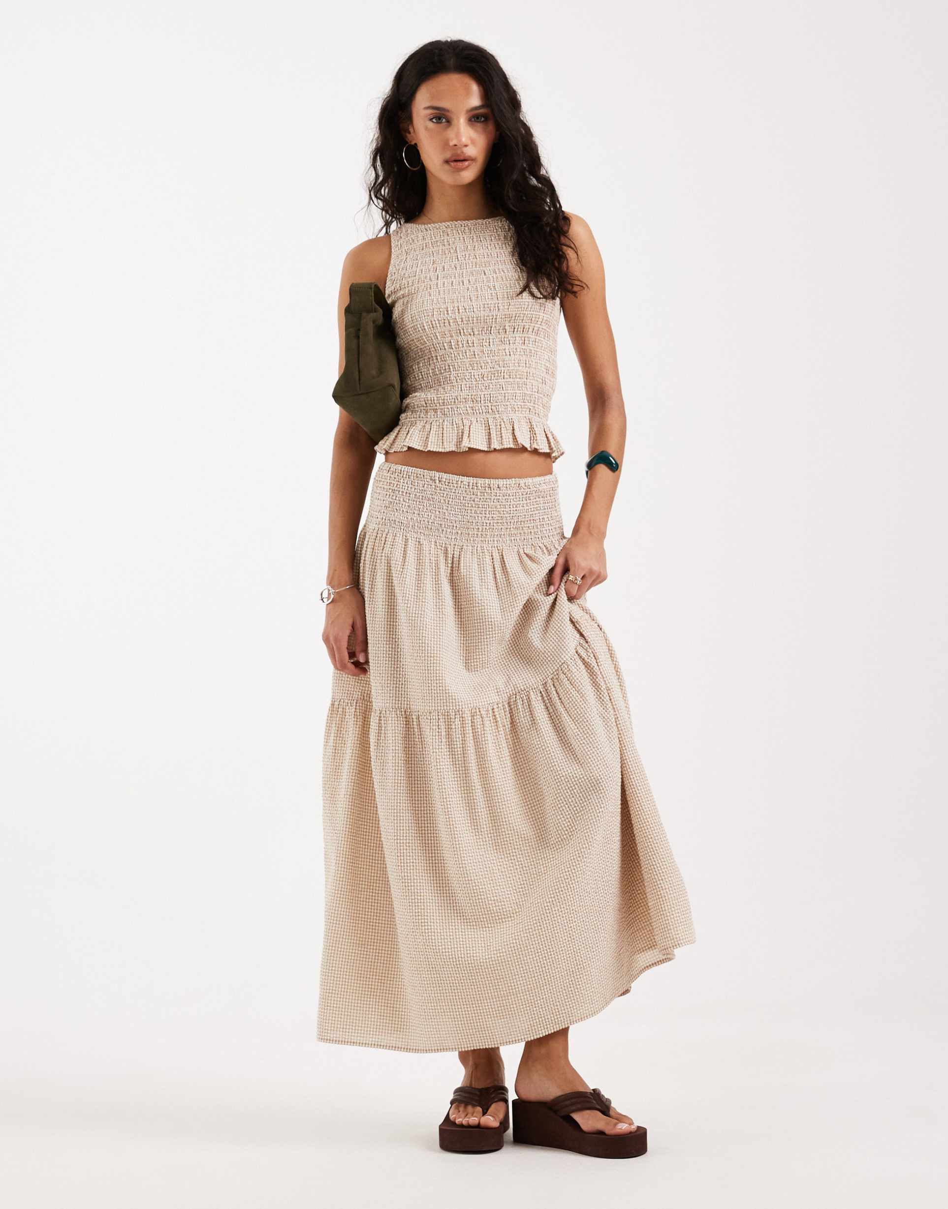 jjxx seersucker gingham maxi skirt in beige and white