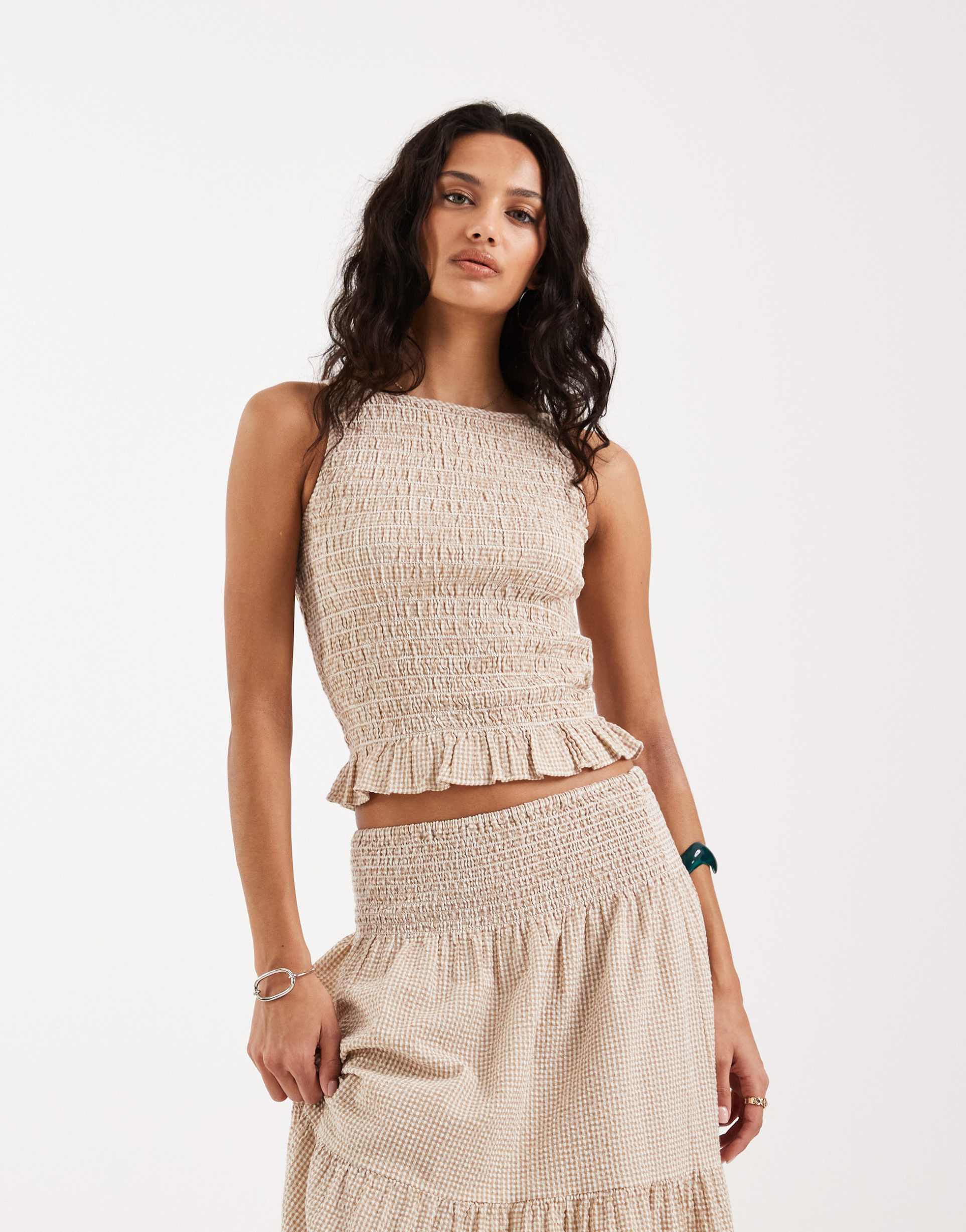 jjxx seersucker gingham top in beige