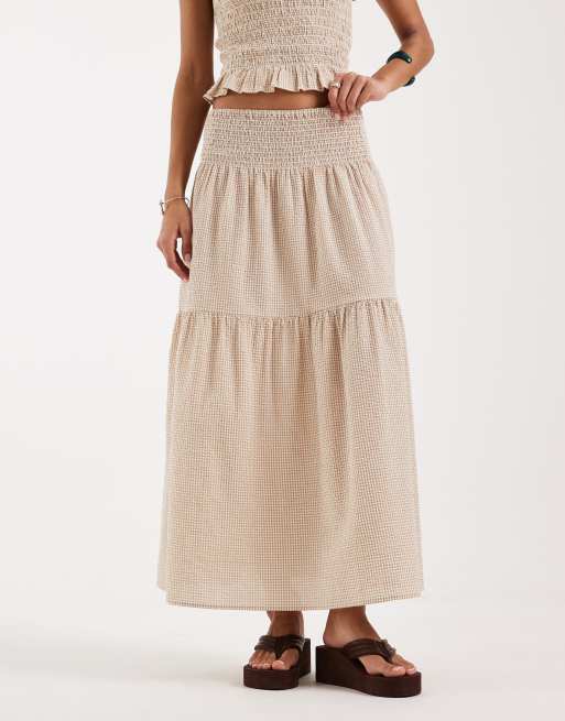 JJXX – Seersucker-Maxirock mit Vichy-Karo in Beige und Weiß, 2 von 5