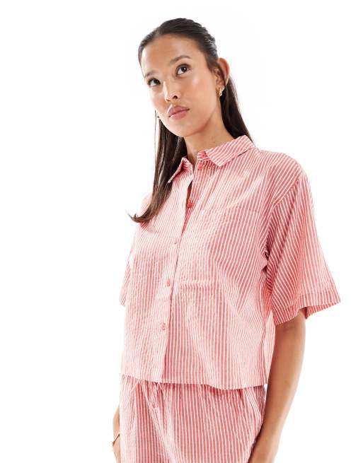 JJXX seersucker oversized cropped shirt co-ord in red stripe