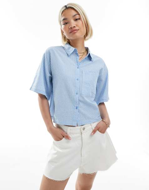 JJXX seersucker oversized cropped shirt in blue stripe - view 1