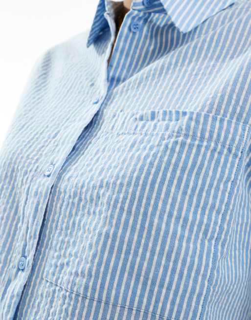 JJXX seersucker oversized cropped shirt in blue stripe