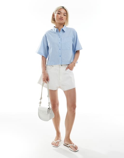 JJXX seersucker oversized cropped shirt in blue stripe