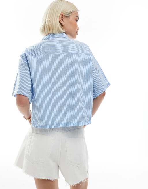 JJXX seersucker oversized cropped shirt in blue stripe