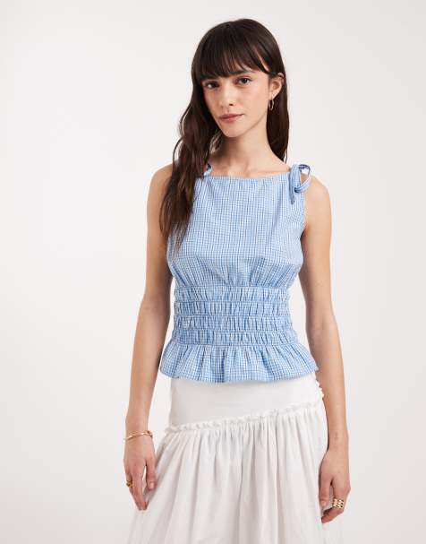 JJXX seersucker plaid top in light blue - view 1