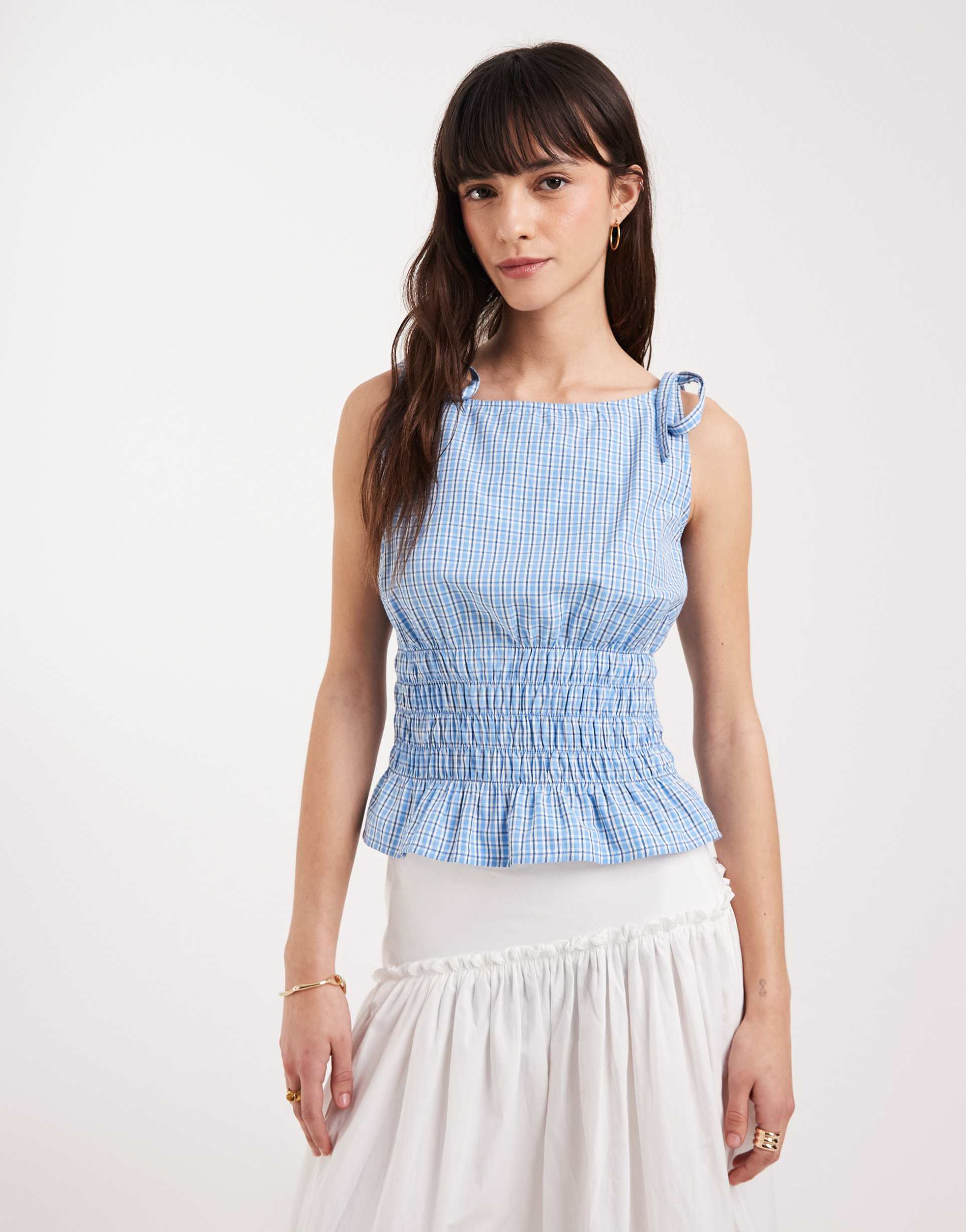 jjxx seersucker plaid top in light blue