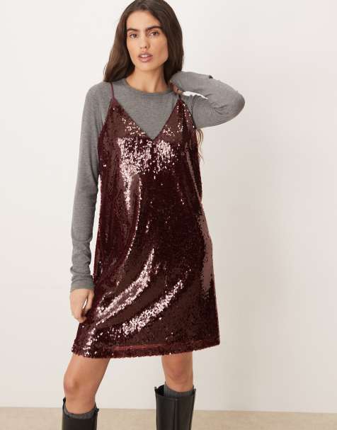 JJXX sequin mini dress in burgundy - view 1