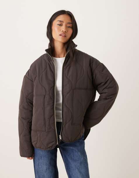 JJXX Serena high neck quilted jacket in brown - view 1