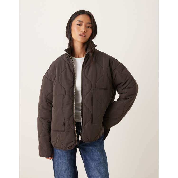 JJXX Serena high neck quilted jacket in brown | ASOS