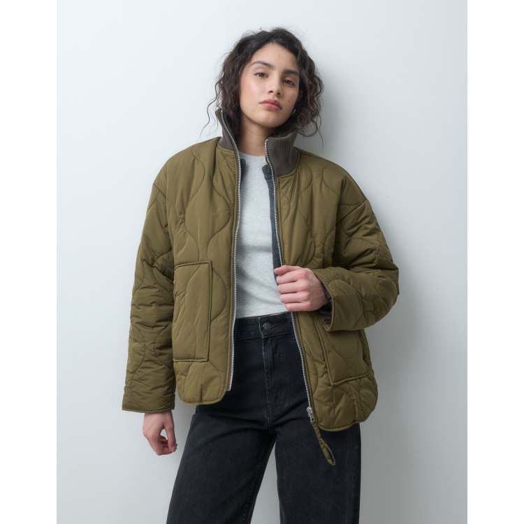 JJXX Serena high neck quilted jacket in dark olive | ASOS