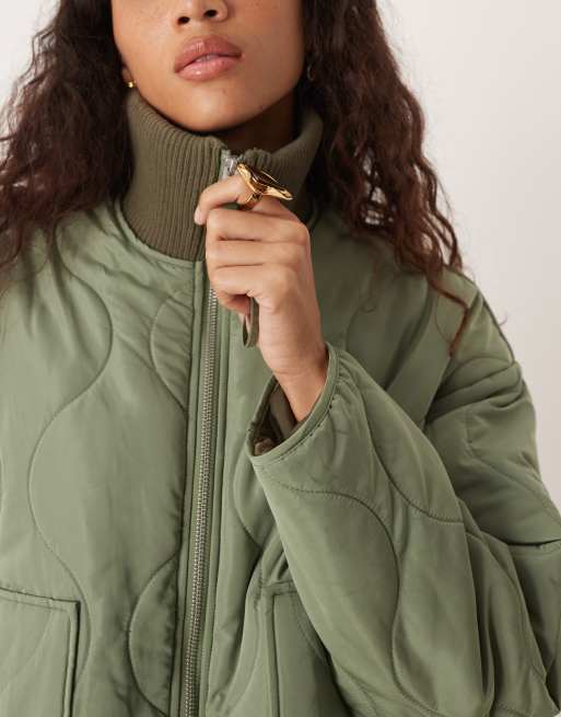 JJXX Serena high neck quilted jacket in green | ASOS