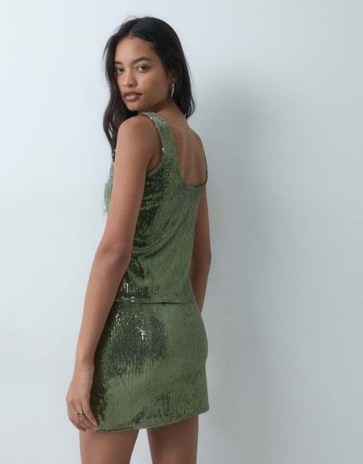 JJXX set sequin skirt in olive green, 5 of 5