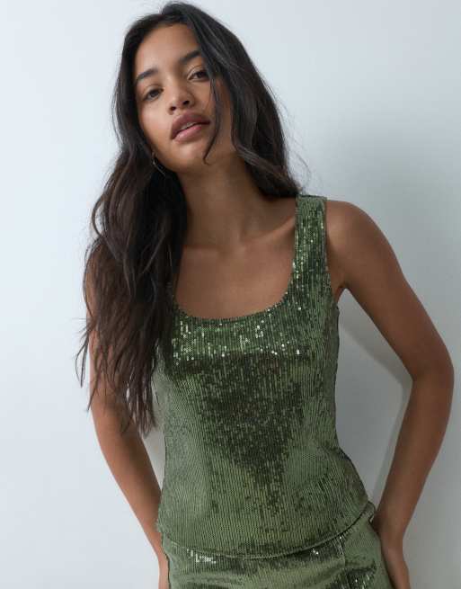 JJXX set sequin top in olive green, 4 of 5