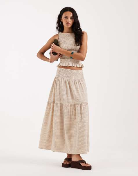 JJXX - Set van seersuckerstof met rok en gingham ruit in beige - view 1