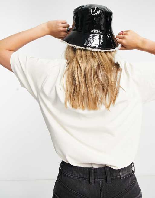 Black patent store bucket hat