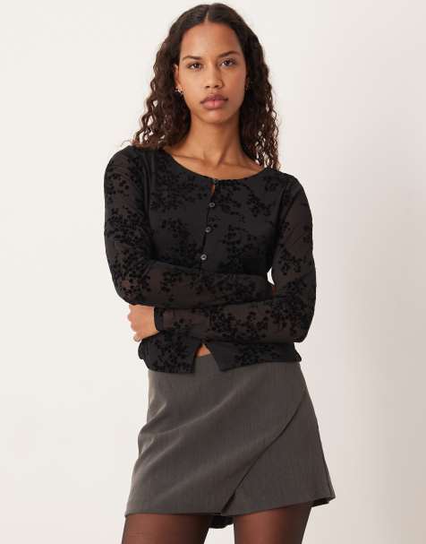 JJXX sheer button down top with velvet details in black - view 1