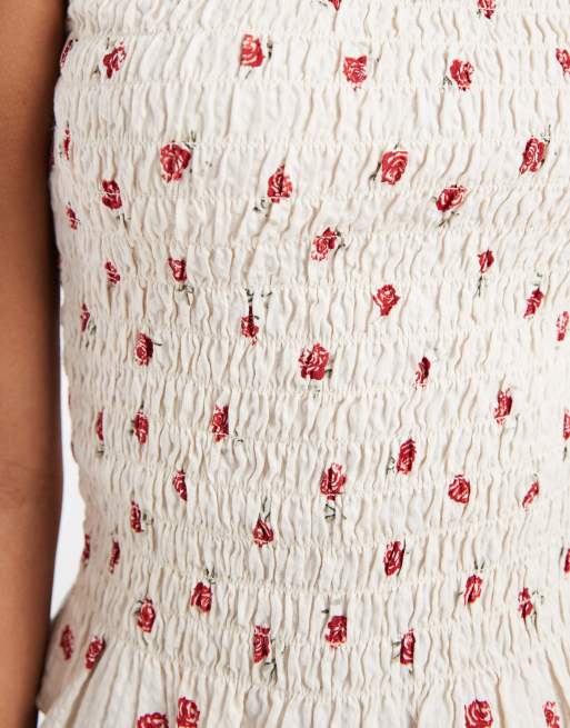 JJXX shirred sleeveless top in off white rose print, 3 of 4
