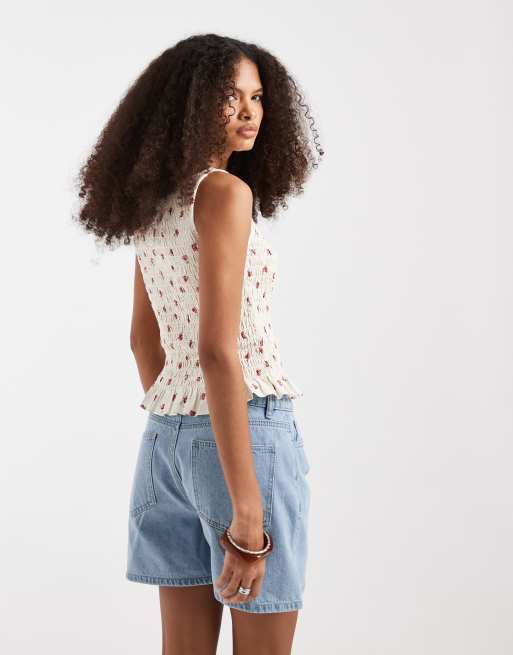 JJXX shirred sleeveless top in off white rose print, 4 of 4