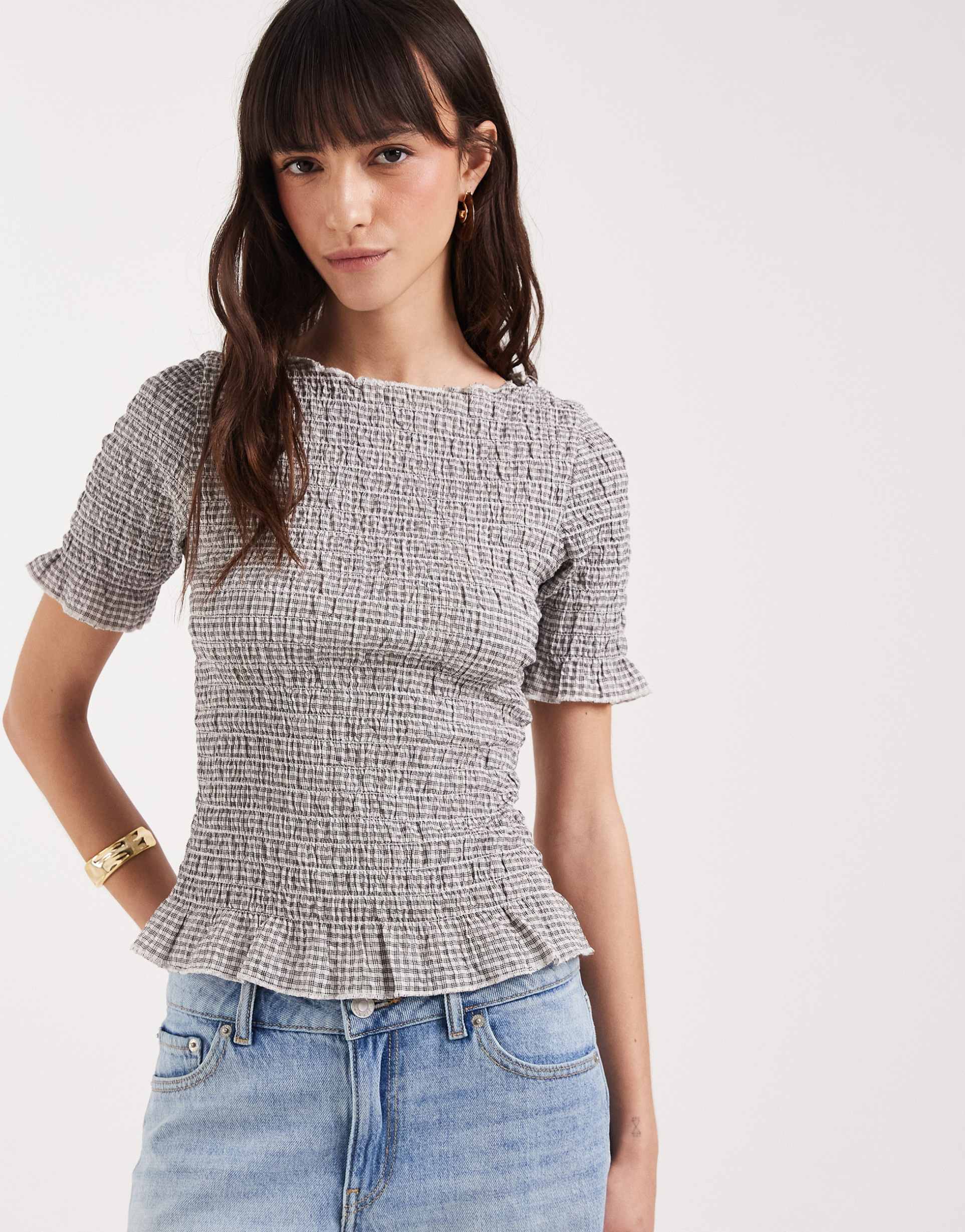 jjxx shirred top with gingham print in white and black