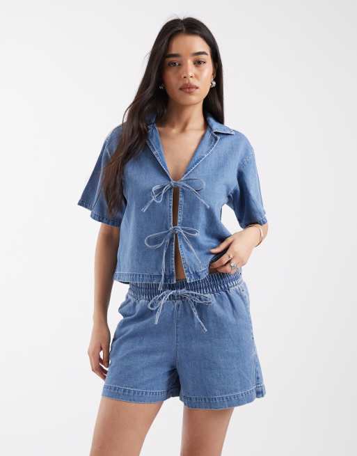 JJXX - Co-ord set van linnenmix in denim blauw, 3 van 4