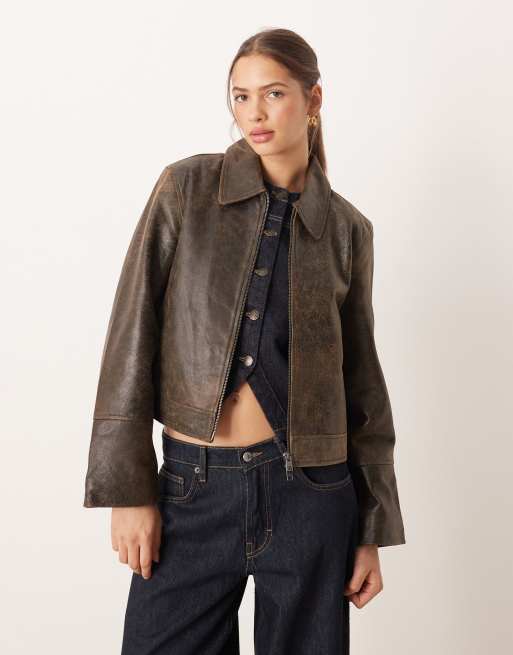 JJXX – Skórzana kurtka w spranym kolorze brązowym
