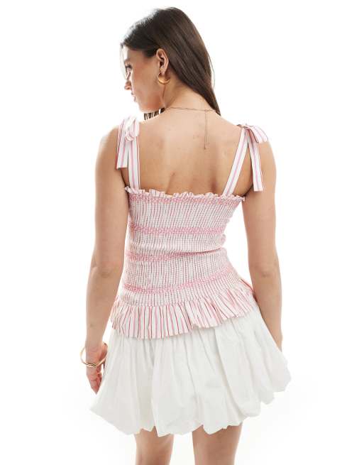JJXX smock tie bandeau top in pink stripe, 4 of 4