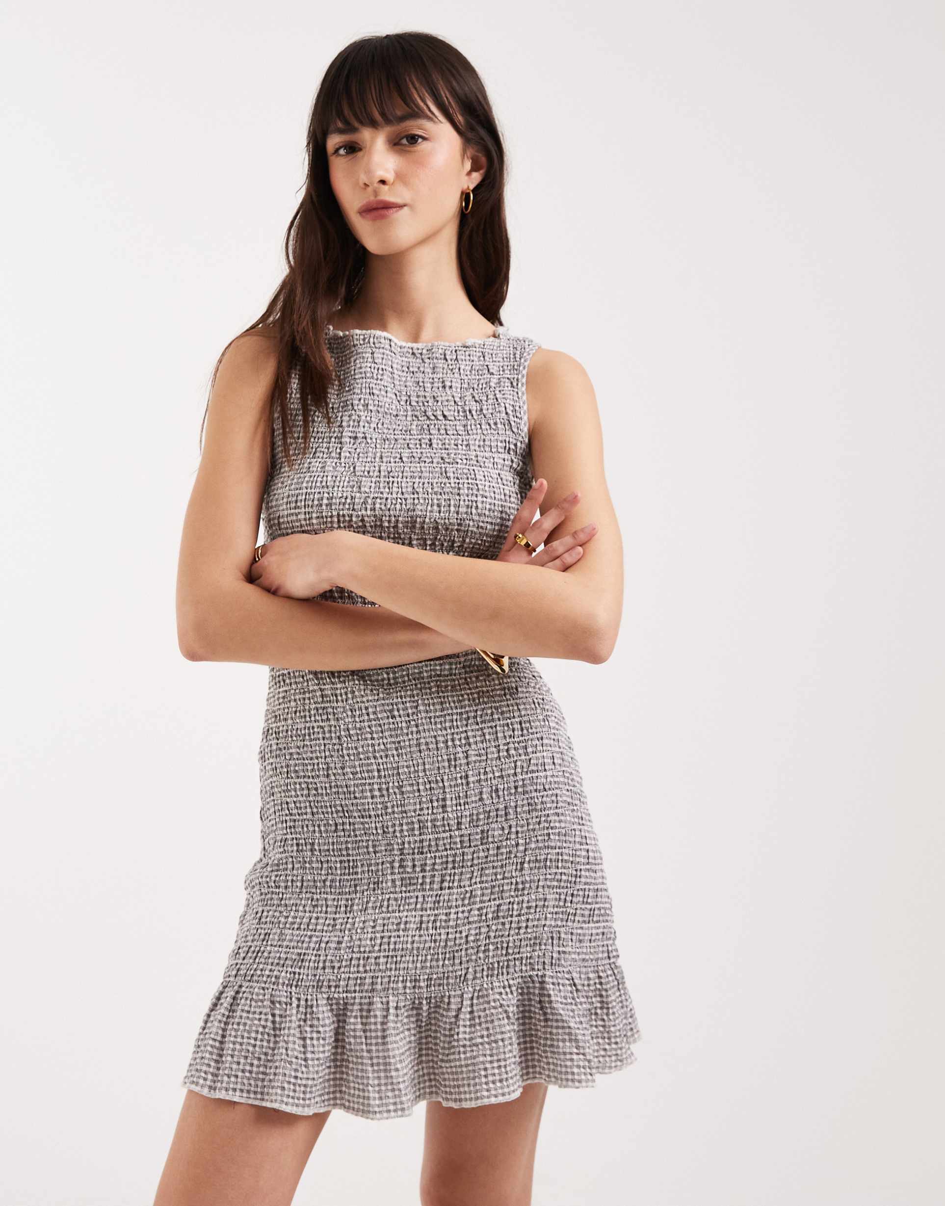 jjxx smocked mini dress in black plaid