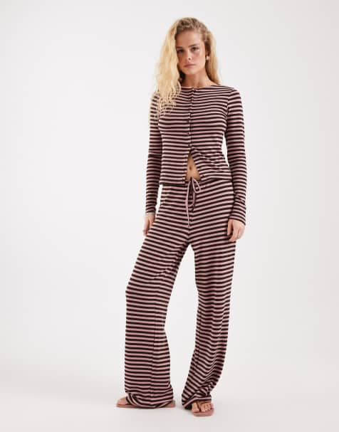 JJXX soft knit stripe co-ord in pink and brown - view 1
