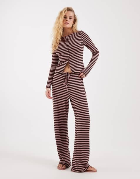 JJXX soft stripe trouser co-ord in brown and pink