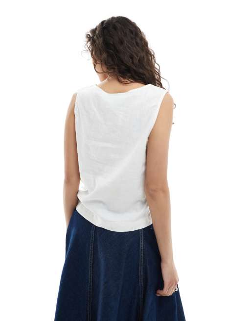 JJXX square neck linen blend top in white | ASOS