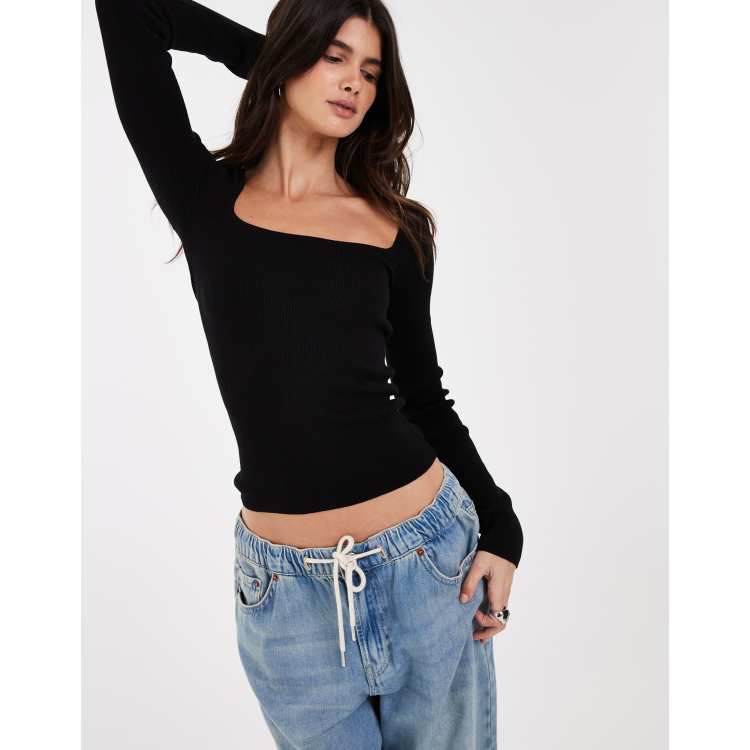JJXX square neck long sleeve knit top in black | ASOS