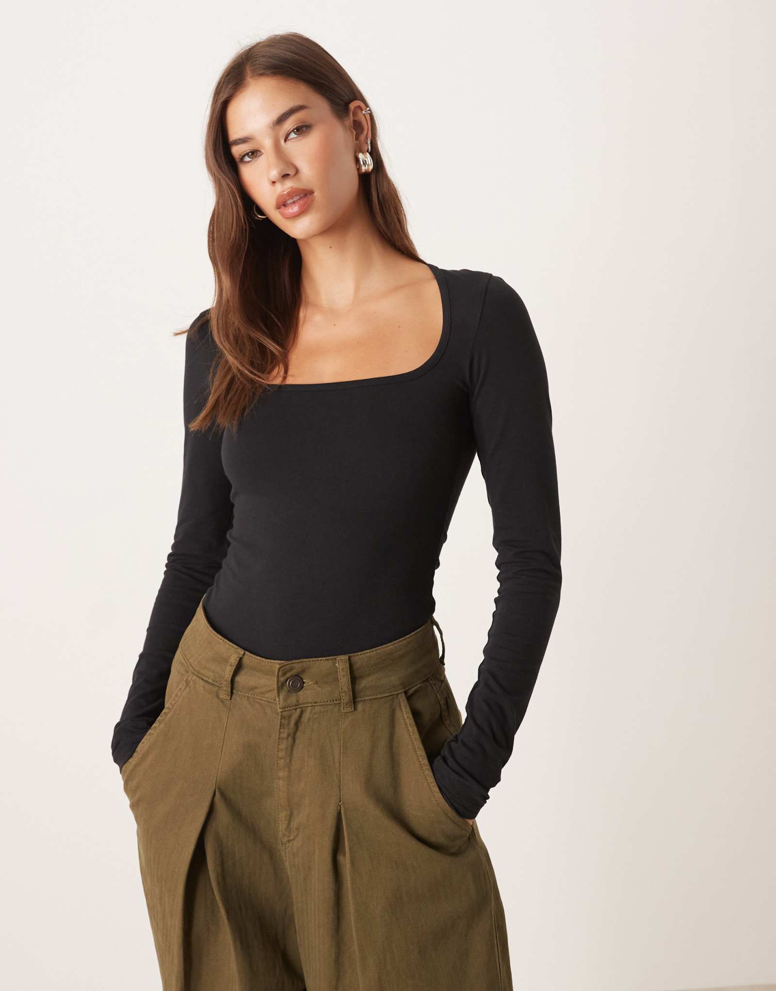 Черный топ с квадратным вырезом и длинными рукавами от JJXX черного цвета