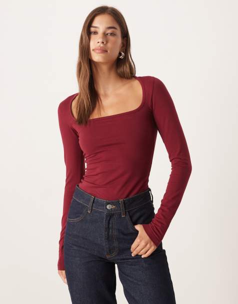 JJXX square neck long sleeve top in burgundy