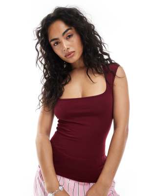 square neck top in burgundy-Red