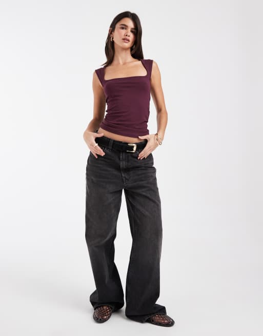 JJXX square neck top in deep burgundy, 2 of 4