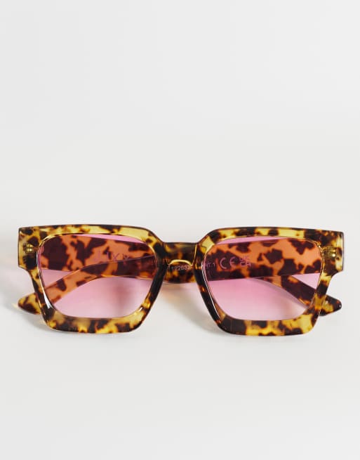 JJXX square tortoishell sunglasses with pink lens, 3 of 3