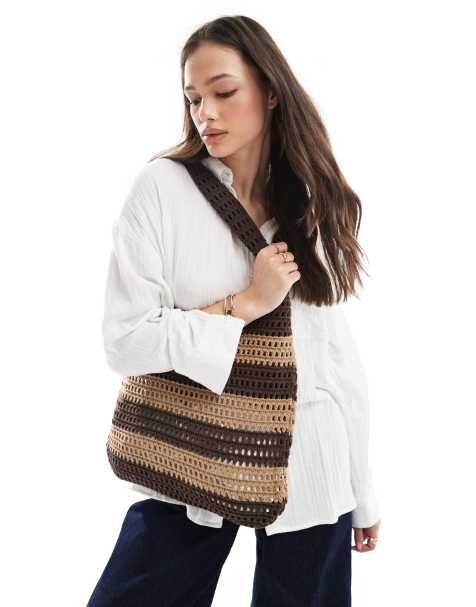 JJXX - Strikket strandtaske med brune striber - view 1