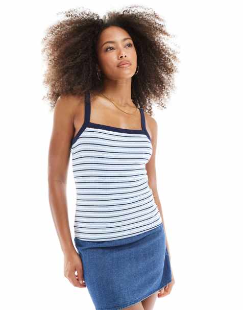 JJXX stripe ribbed strap top in blue navy