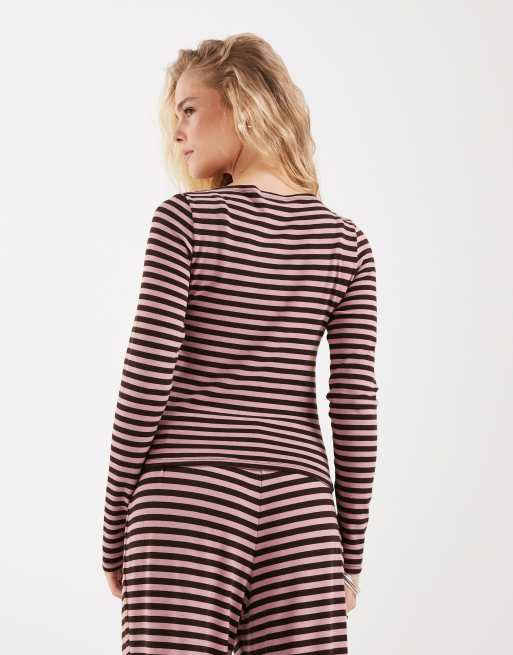 JJXX striped co-ord cardigan in brown and pink, 4 of 4