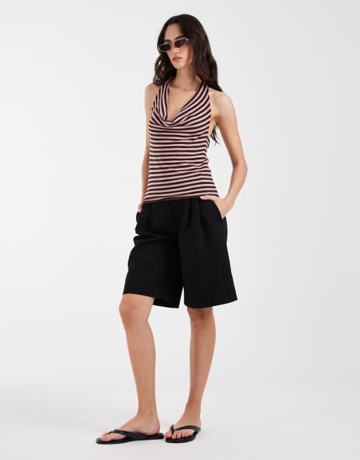 JJXX striped halter neck cami top in pink and brown, 2 of 4