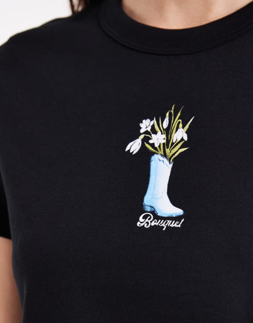 JJXX – Svart, krympt t-shirt med vårblommor, 2 av 4