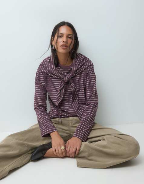 JJXX T-shirt a maniche lunghe a righe con sciarpa a righe bordeaux - view 1